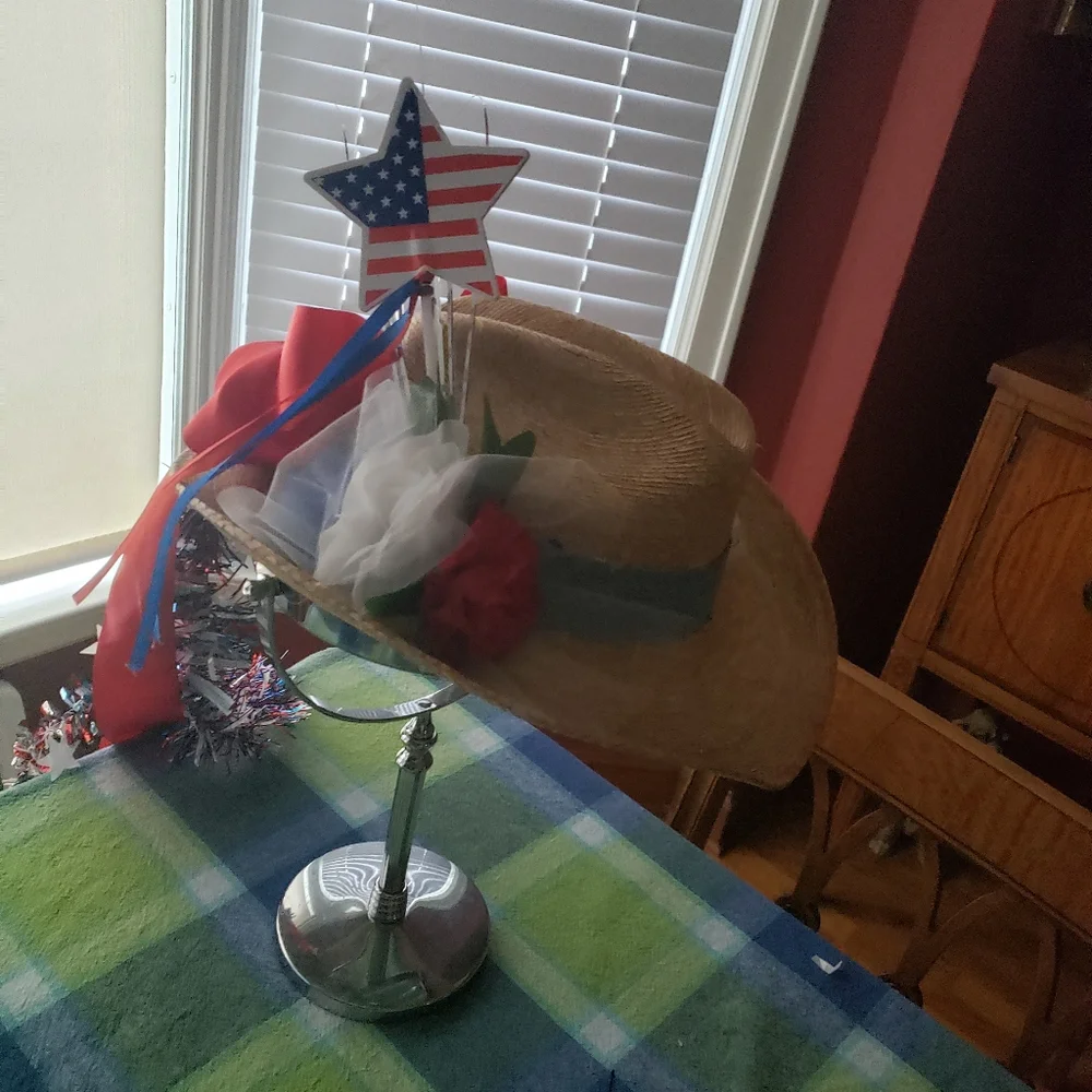 Patriotic Straw Party Hat with Star Decoration